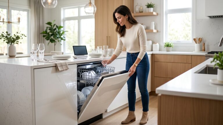 Premium smart dishwasher showing smart dishwasher benefits in a modern luxury kitchen.
